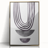 Framed abstract minimalist wall art featuring a gold-accented design, displayed in a sleek acrylic frame, ideal for modern home decor.