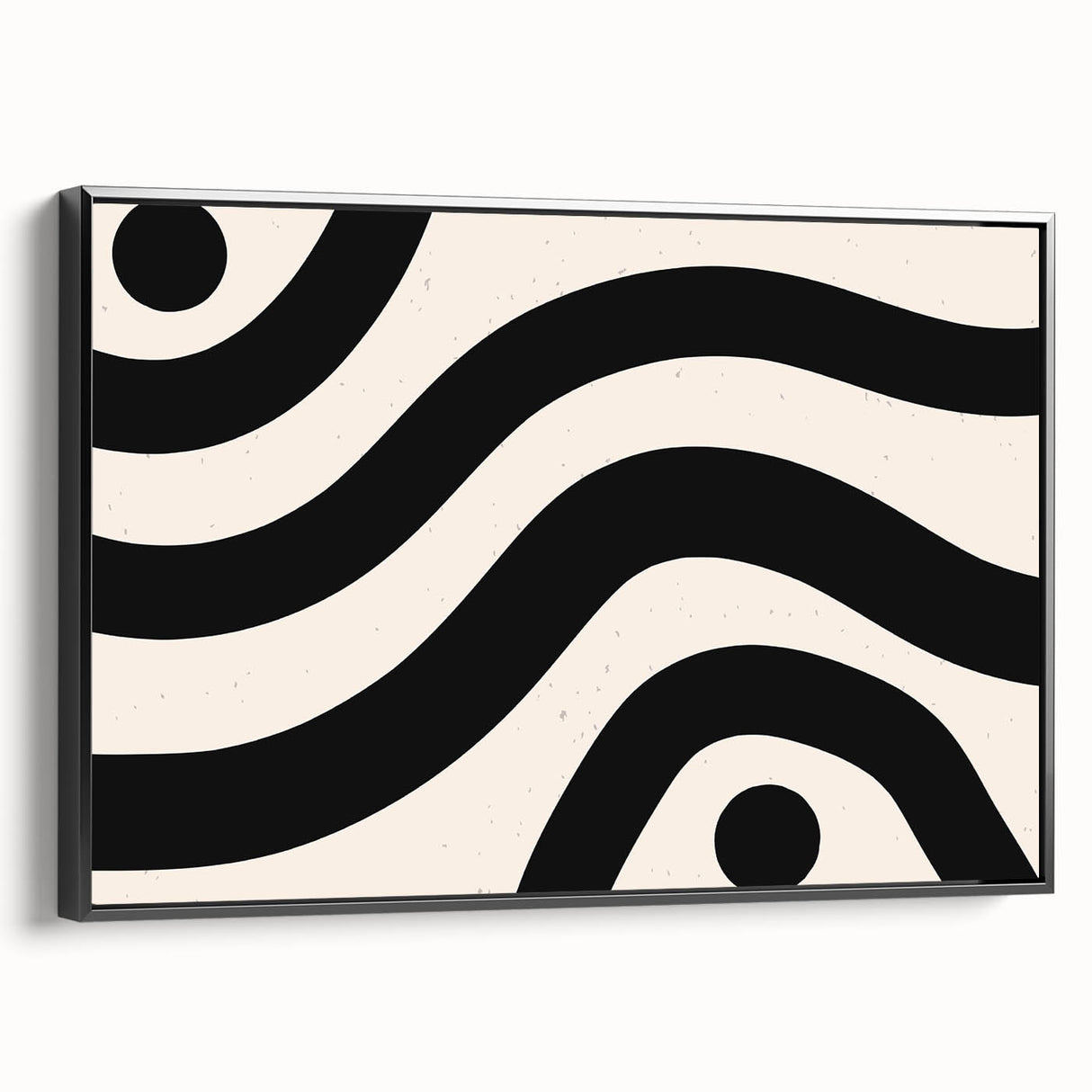 Framed canvas wall art showcasing an abstract minimalist design in black, viewed from the side, emphasizing its sleek profile and modern aesthetic. Perfect for contemporary decor.