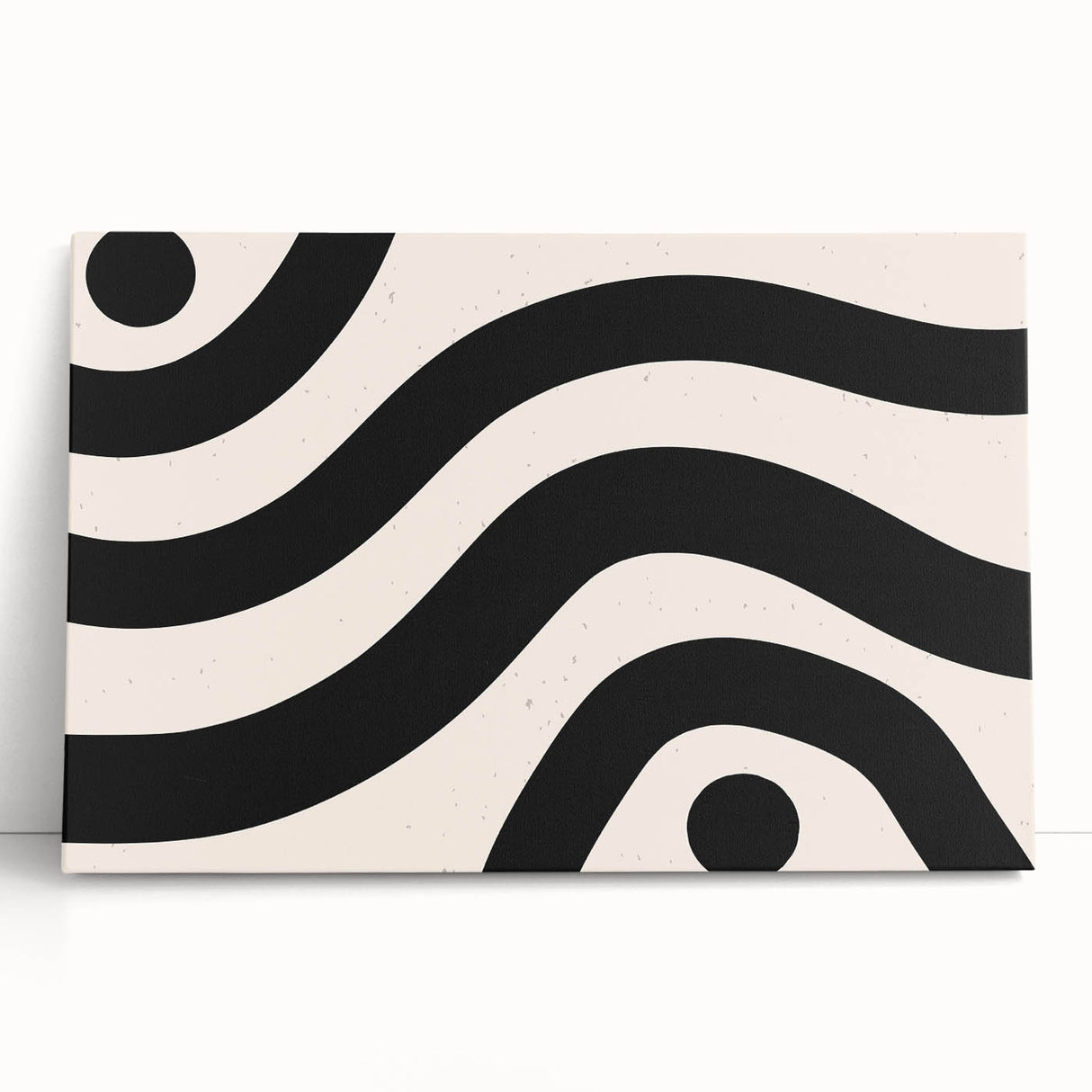 Abstract minimalist wall art collection featuring a vibrant color palette of blues, yellows, and greens on stretched canvas, leaning against a neutral wall, perfect for modern decor.