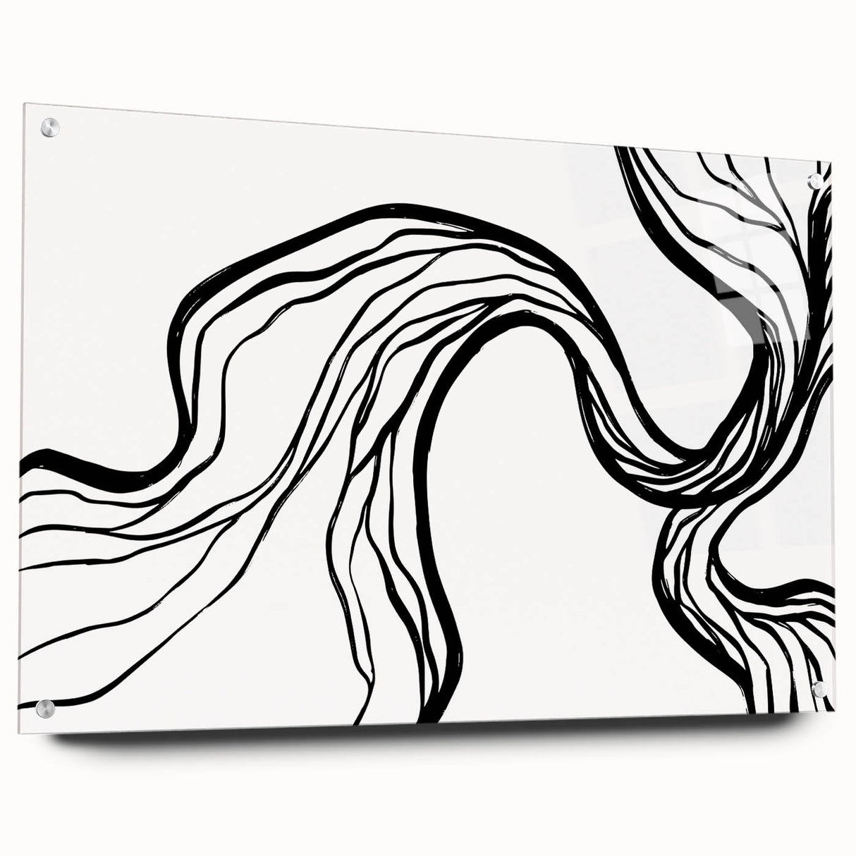 Abstract minimalist wall art piece displayed from a side view, showcasing a sleek acrylic glass frame with visible mounting pins, perfect for modern decor.