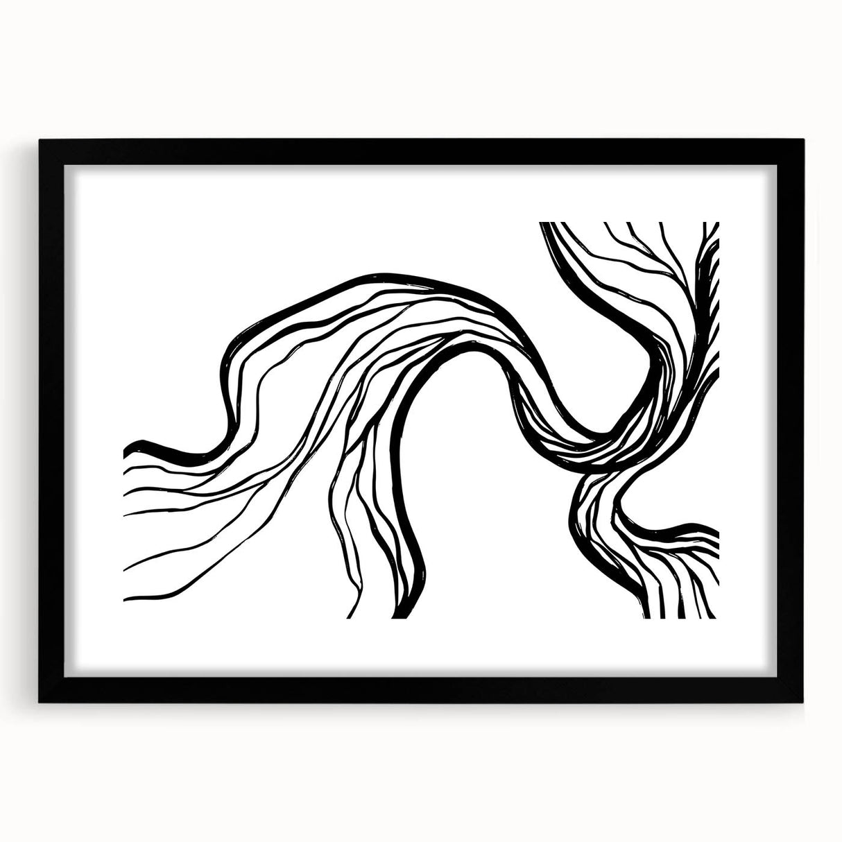 Abstract minimalist wall art piece featuring a sleek black frame and mat, showcasing a contemporary design ideal for modern decor. Perfect for enhancing living spaces with a touch of elegance and sophistication.