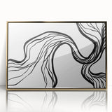 Framed abstract minimalist wall art design featuring gold accents, set against a sleek white backdrop, perfect for modern home decor and artistic displays.