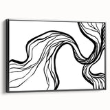 Framed minimalist wall art featuring an abstract design with bold black accents, showcased from a side view, ideal for modern home decor and art enthusiasts.