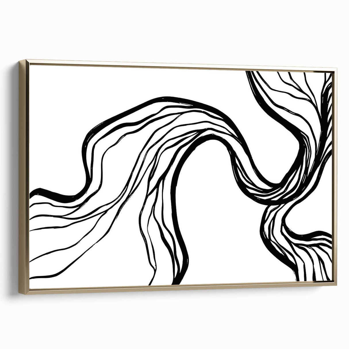 Framed abstract minimalist wall art showcasing a gold and white geometric design, elegantly displayed in a modern setting, perfect for contemporary decor.