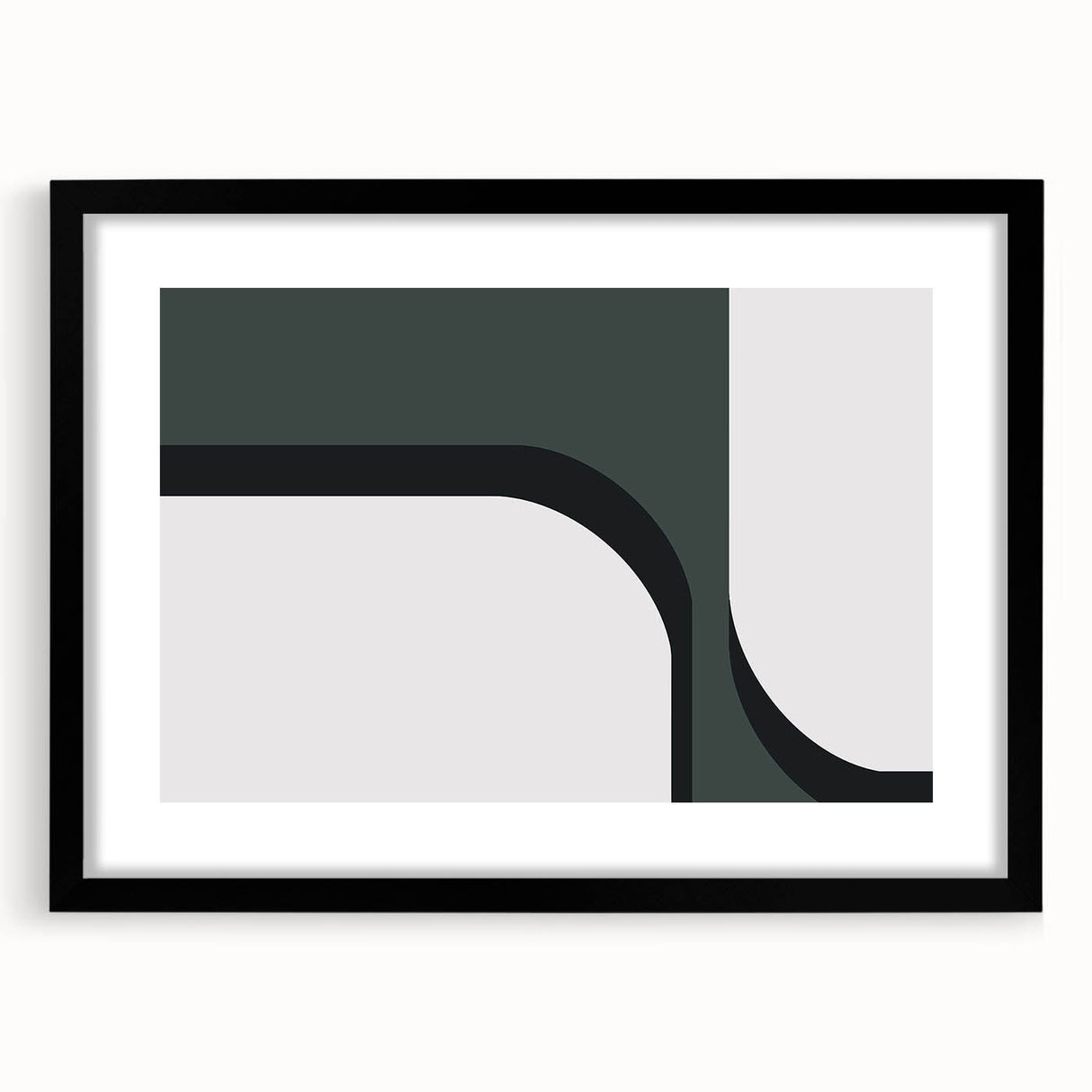 Abstract minimalist wall art framed in black, showcasing geometric shapes and muted colors, perfect for modern home decor or office settings.
