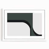 Abstract minimalist wall art featuring geometric shapes in muted tones, displayed in a sleek white frame with a mat, enhancing modern decor aesthetics.