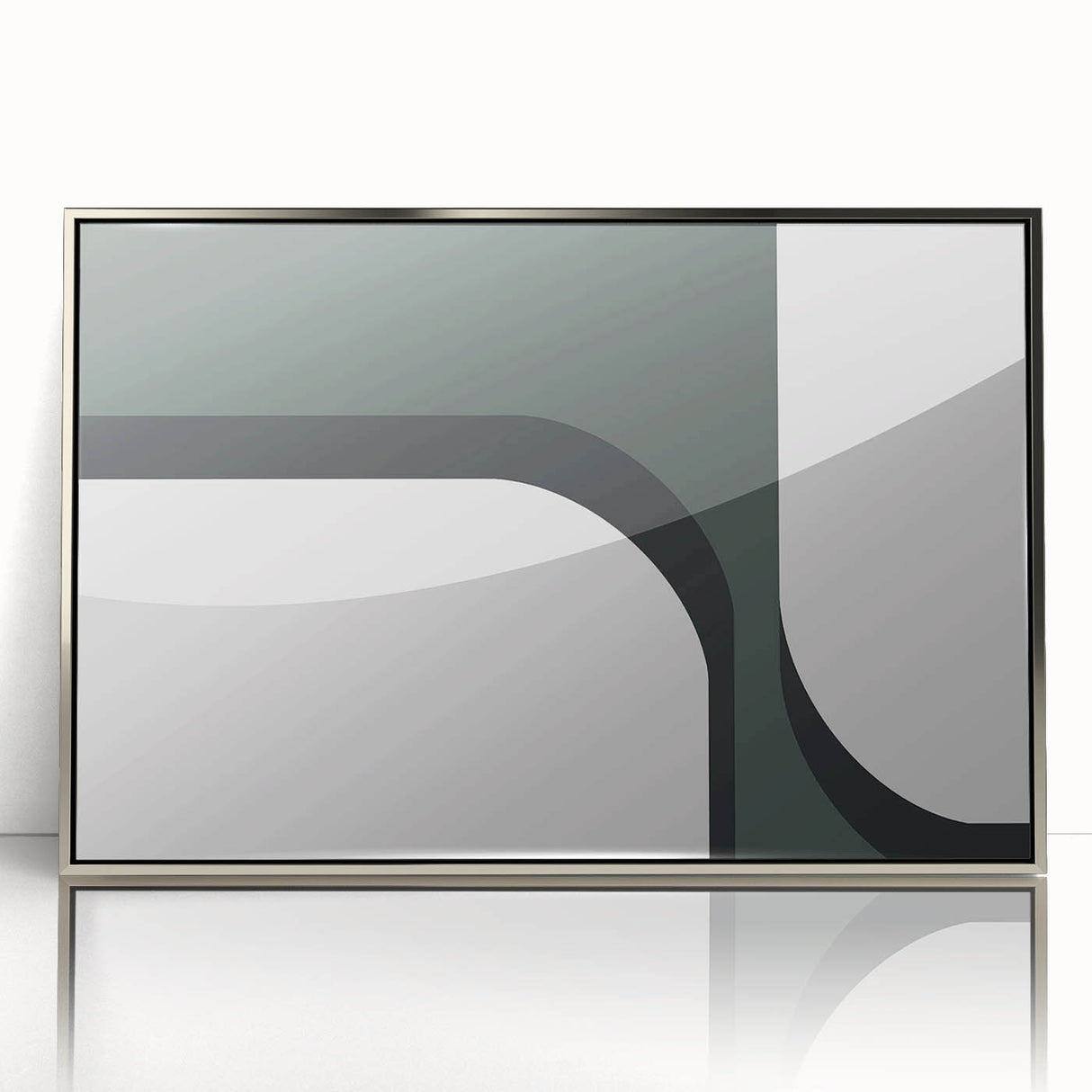 Framed abstract minimalist wall art featuring a silver acrylic finish, showcasing geometric shapes and soft color gradients, ideal for modern home decor.