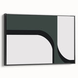 Framed wall art featuring an abstract minimalist design in black, showcasing a sleek side view of the canvas, perfect for modern home decor.
