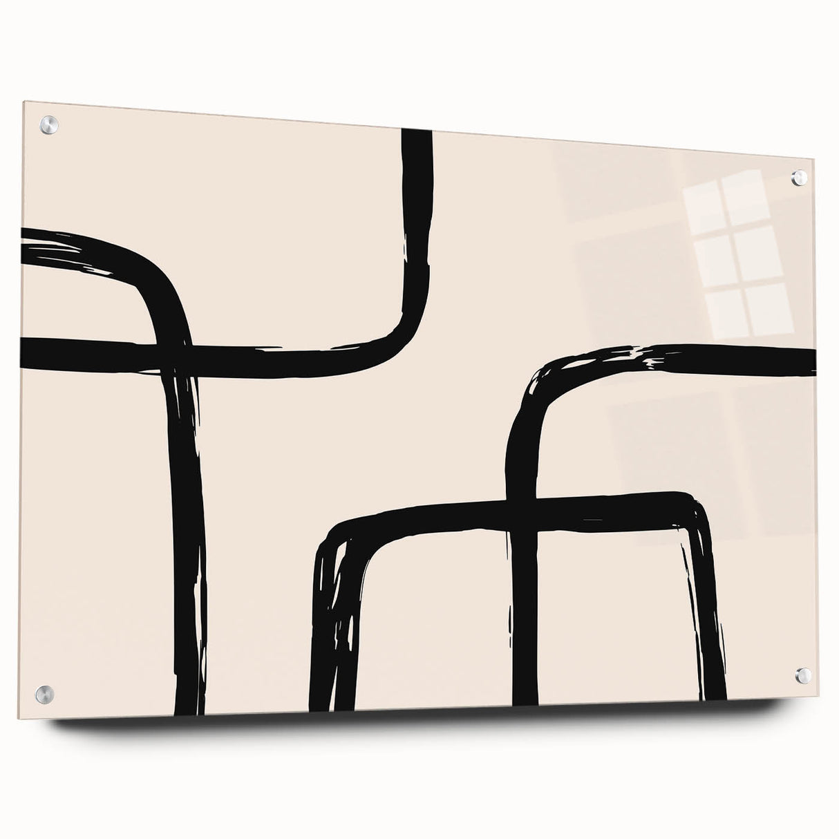 Abstract minimalist wall art collection showcasing vibrant colors and geometric patterns mounted on acrylic glass, displayed from a side view with visible mounting pins, ideal for modern decor.
