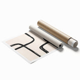 Abstract minimalist wall art print showcasing a vibrant blend of blue and gold colors, featuring geometric shapes and flowing lines, ideal for modern decor.