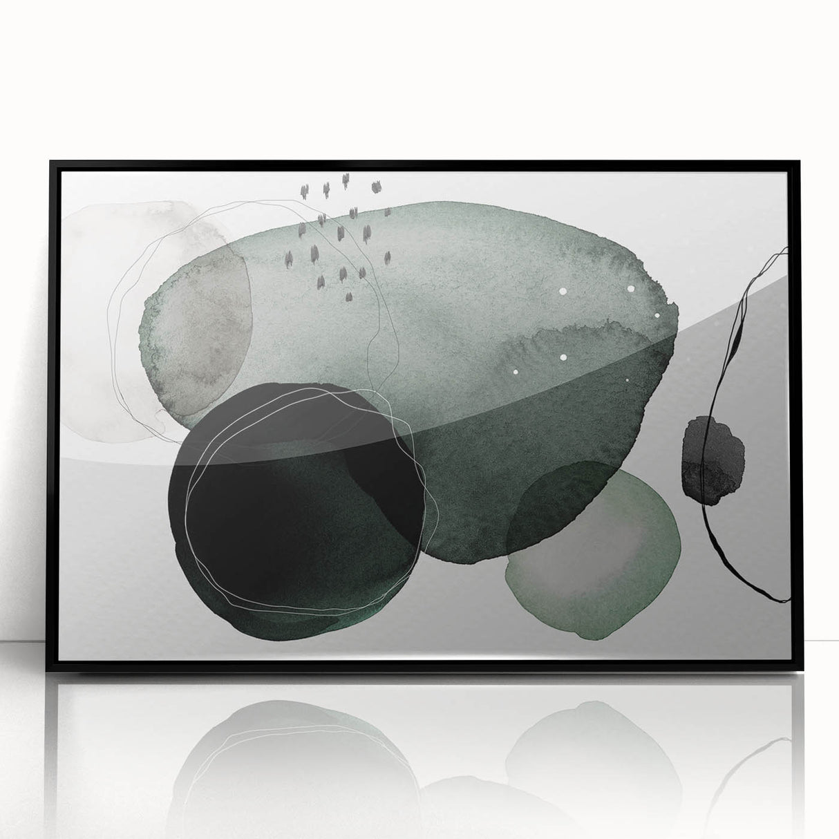 Framed black acrylic wall art featuring an abstract minimalist design, showcasing geometric shapes and soft color contrasts, perfect for modern home decor.