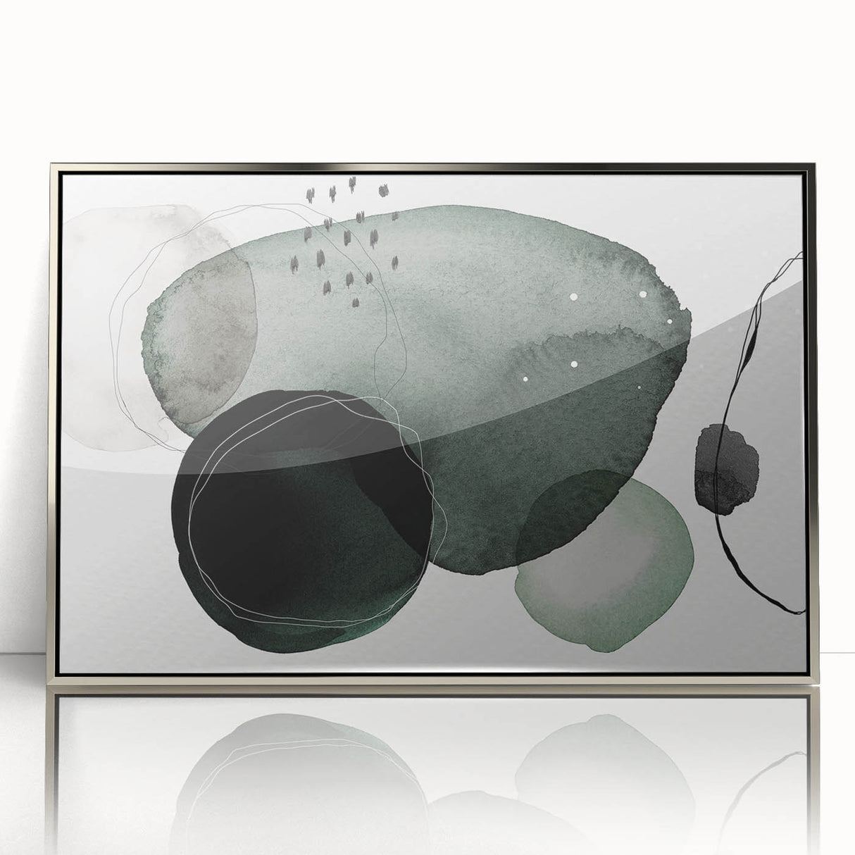 Framed abstract minimalist wall art design in a silver frame, showcasing a modern aesthetic with soft colors, perfect for contemporary home decor or gallery settings.
