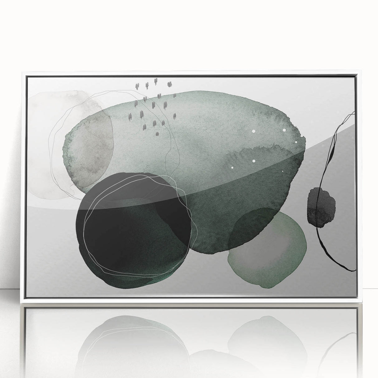 Framed acrylic wall art featuring an abstract minimalist design, showcasing a sleek white front view. Ideal for modern home decor, enhancing contemporary aesthetics.