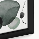 Close-up of a framed abstract minimalist wall art piece showcasing soft earth tones and geometric shapes, perfect for modern home decor. The artwork enhances any interior setting with its elegant design and calming aesthetics.