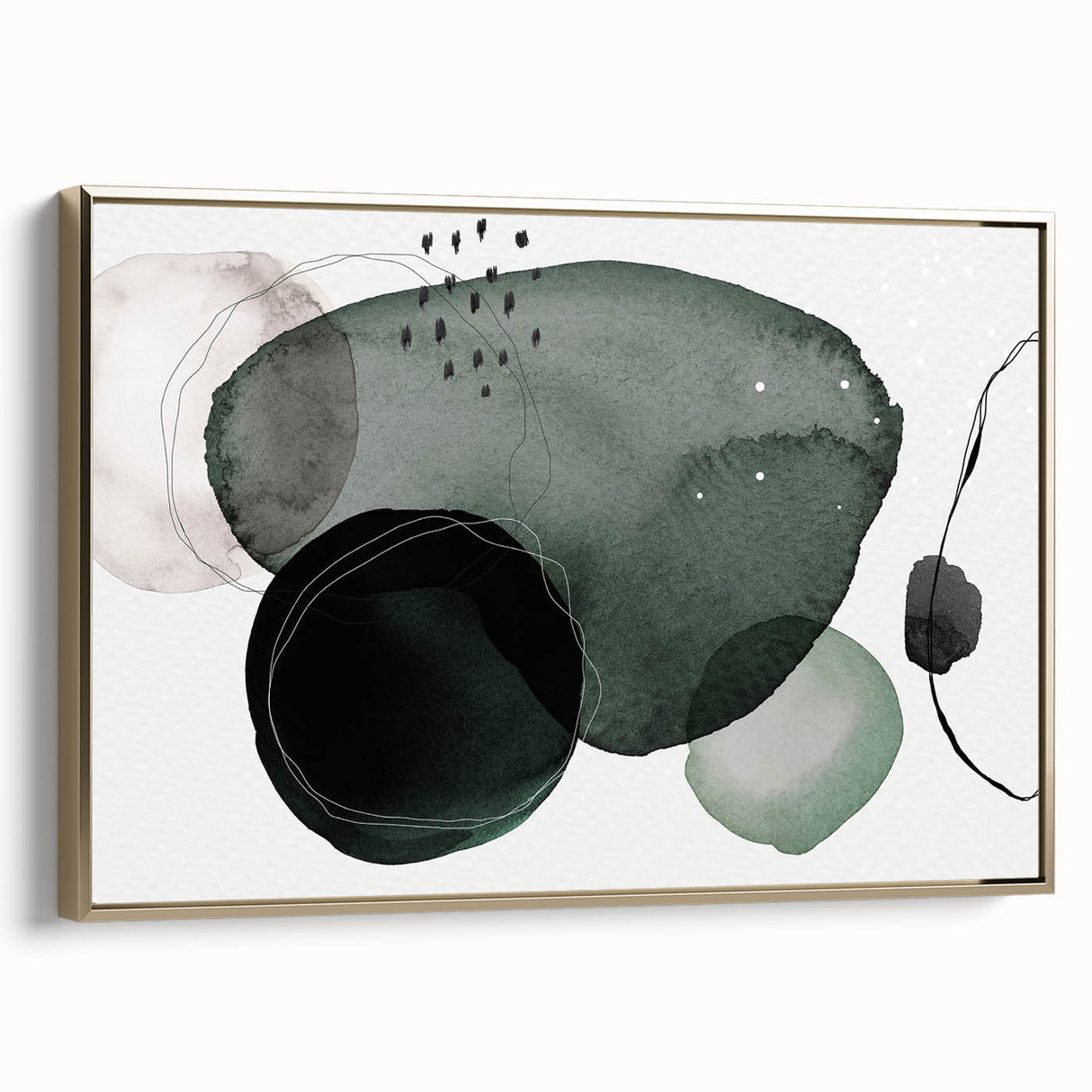 Framed canvas featuring an abstract minimalist design with gold accents, showcasing a contemporary wall art piece ideal for modern decor, viewed from the side.