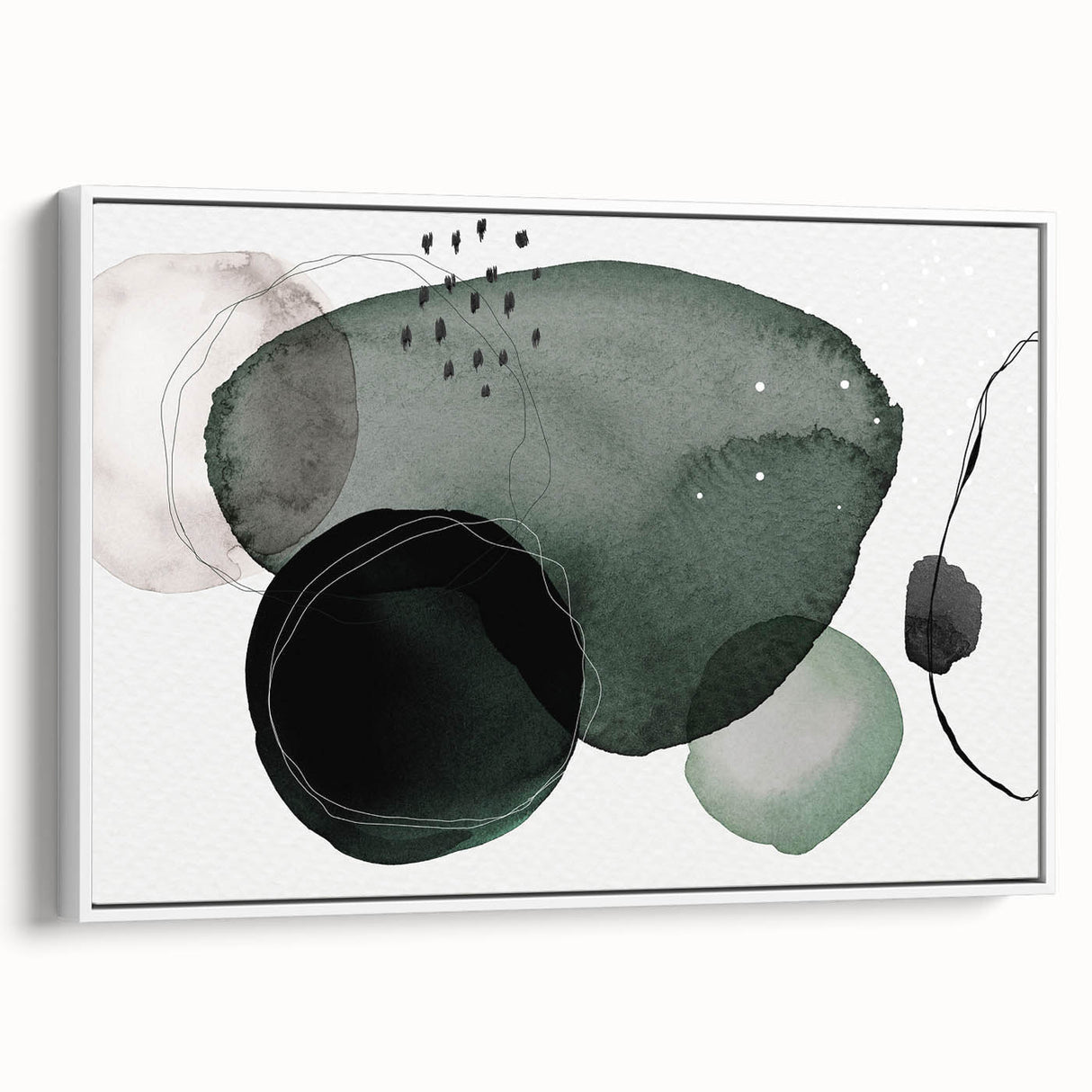 Framed canvas art showcasing an abstract minimalist design with a white background, ideal for modern home decor. Side view highlights its sleek profile and elegant presentation.