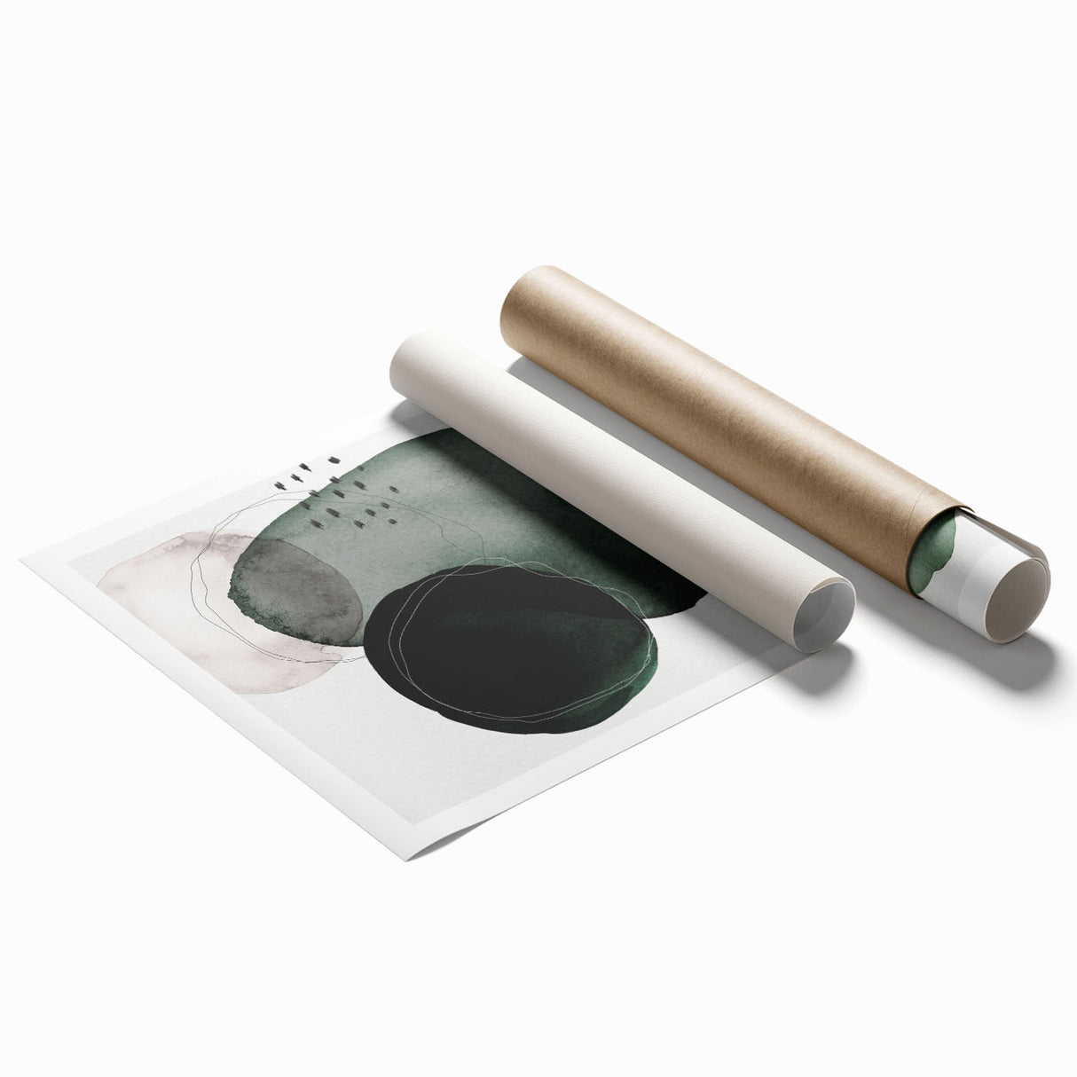 Abstract minimalist wall art print showcasing a vibrant geometric design in blue and orange hues, rolled and ready for display in a modern setting.