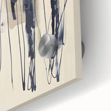 Close-up of an abstract minimalist wall art piece showcasing geometric shapes in muted tones, displayed behind acrylic glass for a sleek finish. Ideal for modern decor.