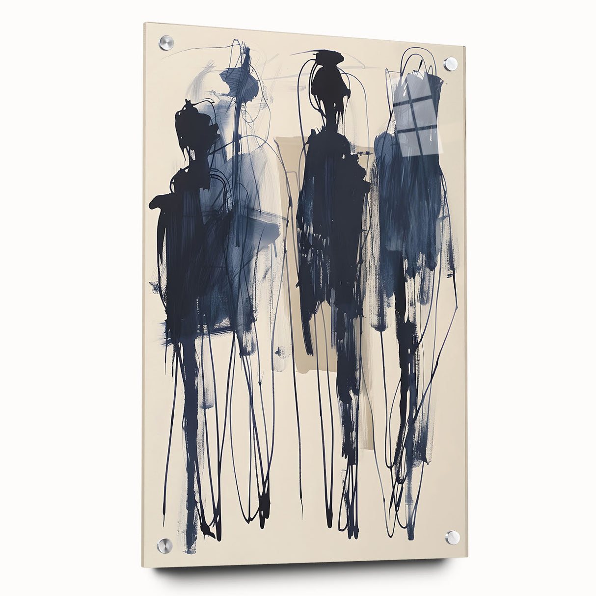 Abstract minimalist wall art collection displayed in a sleek acrylic frame, showcasing geometric patterns and subtle colors, perfect for modern home decor.