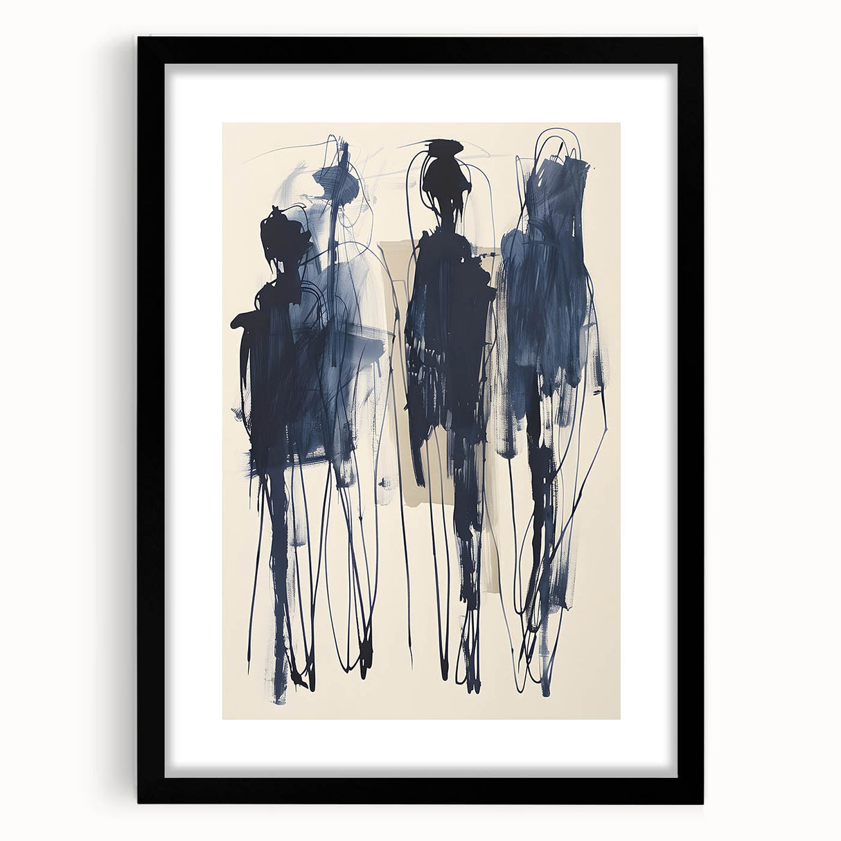 Abstract minimalist wall art design featuring a black-framed piece with a mat, showcasing geometric shapes and soft color palette, ideal for modern decor.