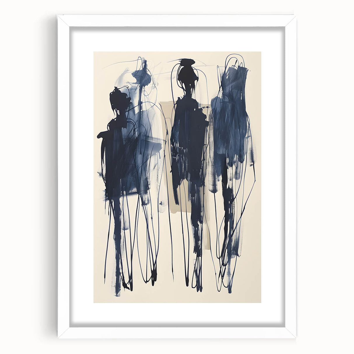 Abstract minimalist wall art design featuring a white frame and mat, showcasing geometric shapes in soft pastel colors, ideal for modern home decor.