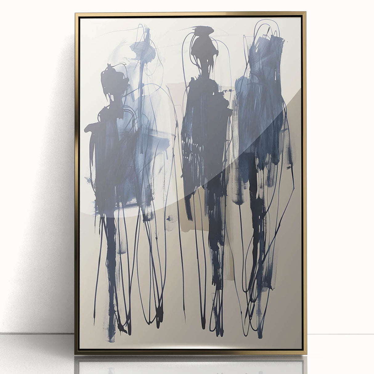 Framed abstract minimalist wall art design featuring a gold-accented acrylic finish, showcasing elegant geometric patterns on a neutral background. Ideal for modern decor.