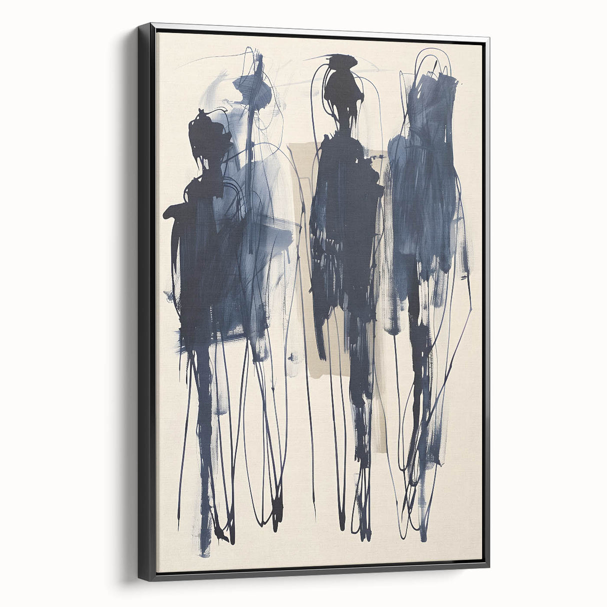 Framed abstract minimalist wall art featuring a black and white design, showcasing sleek lines and geometric shapes, perfect for contemporary home decor.