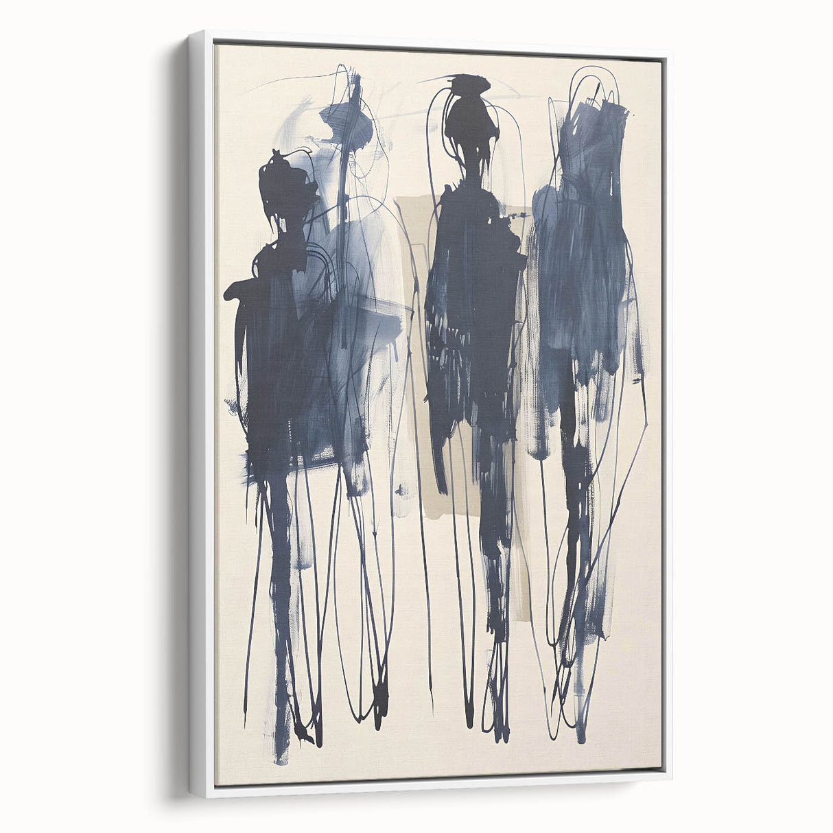 Framed canvas wall art showcasing an abstract minimalist design with soft white tones and geometric shapes, perfect for modern home decor.