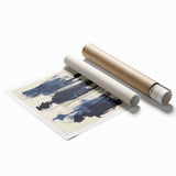 Abstract minimalist wall art print featuring soft pastel colors and geometric shapes, rolled and ready for display in a stylish interior setting.