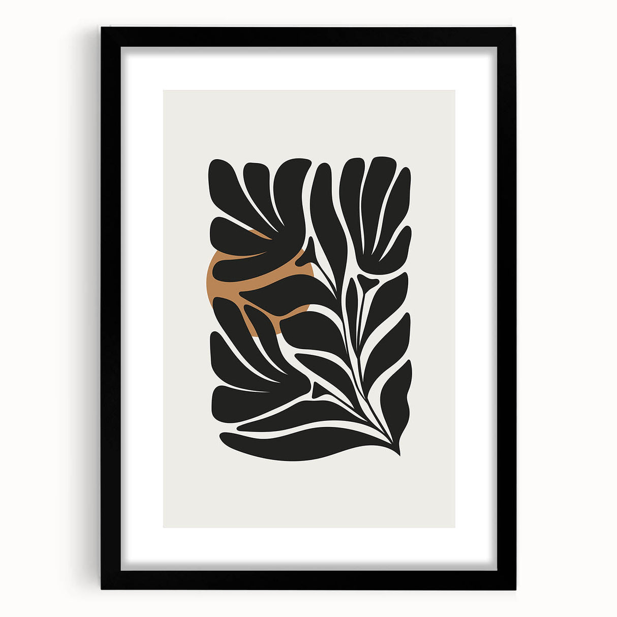 Abstract minimalist wall art featuring a black-framed design, showcasing geometric shapes and soft color tones, perfect for modern home decor.