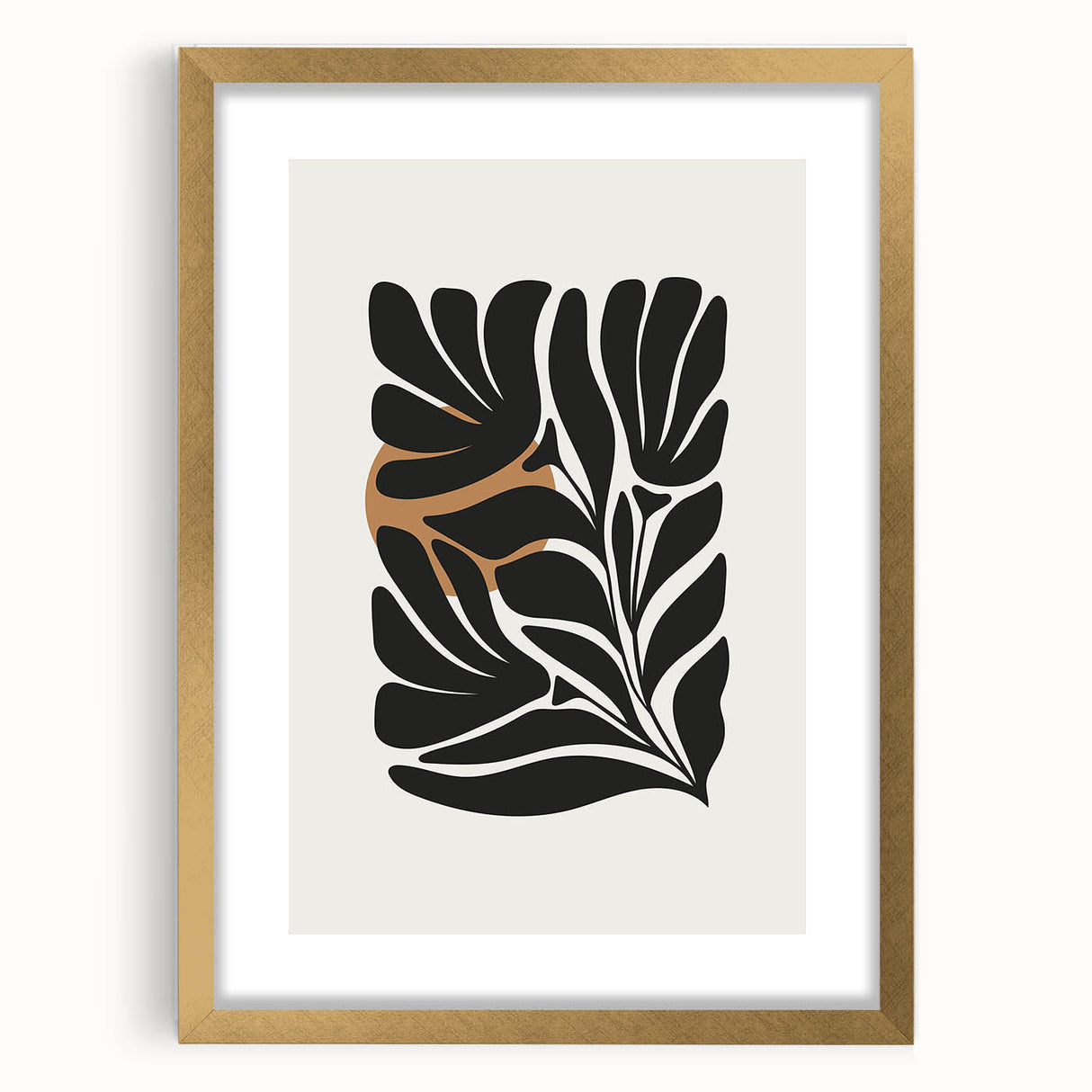Abstract minimalist wall art showcasing a gold-framed design with a mat, highlighting a modern aesthetic perfect for contemporary decor in living spaces.