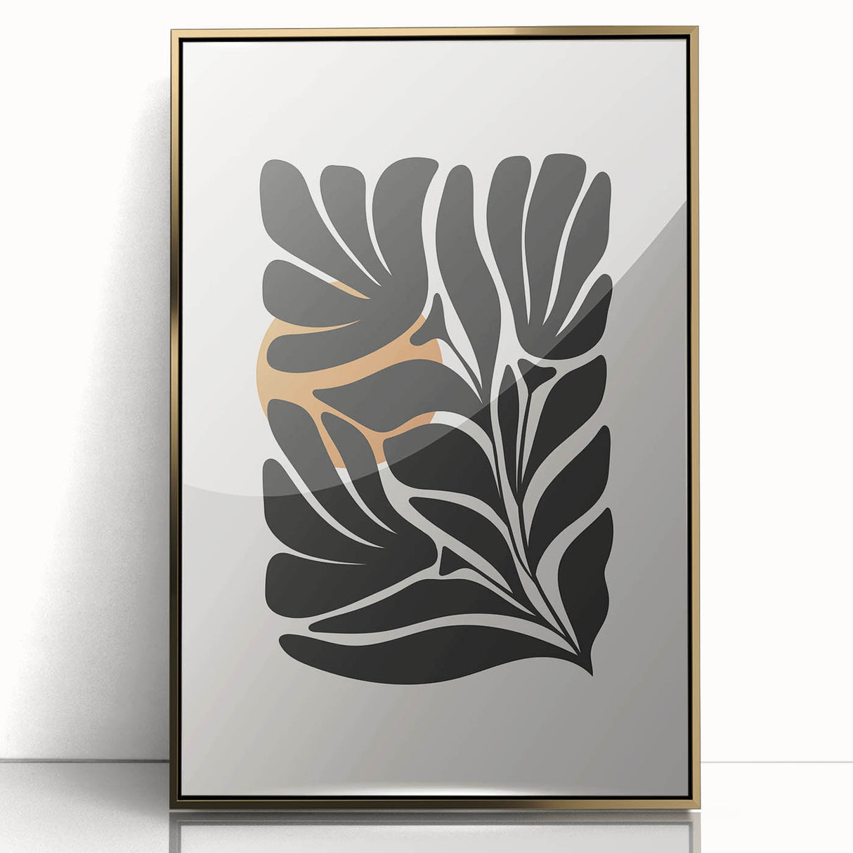 Framed abstract minimalist wall art featuring a gold-accented design on an acrylic surface, ideal for modern home decor, showcased from a front view.