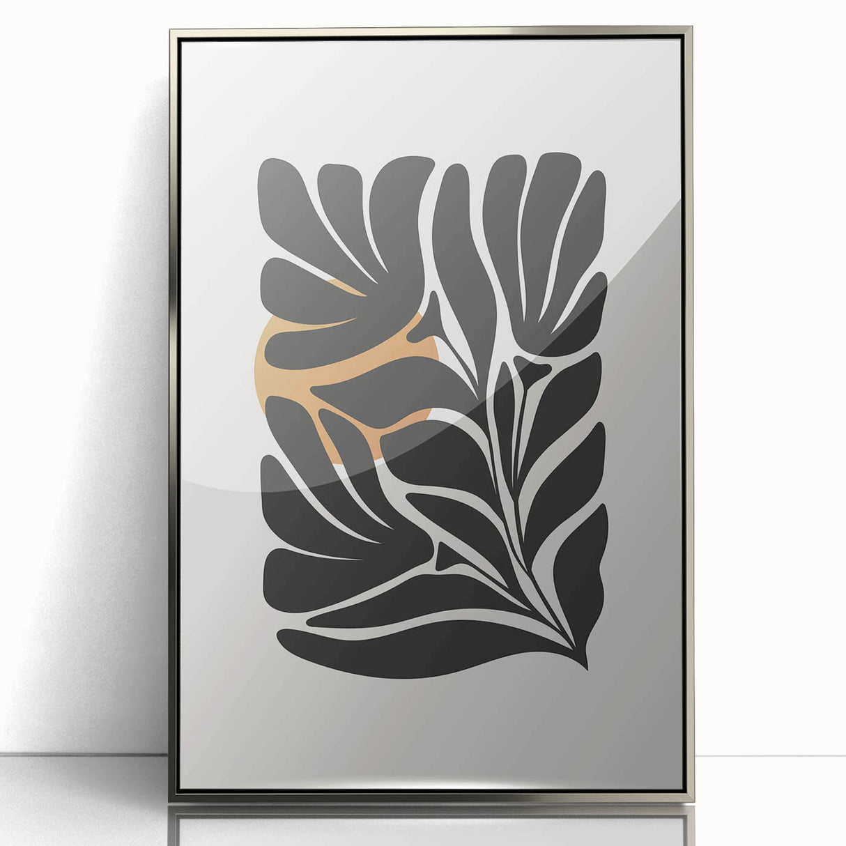 Framed abstract minimalist wall art design in silver, showcasing a modern aesthetic with sleek lines and muted colors, perfect for contemporary decor.