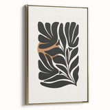 Framed wall art featuring an abstract minimalist design in gold, showcasing elegant lines and shapes, perfect for modern home decor. The canvas is displayed at an angle, highlighting its sophisticated framing and artistic appeal.