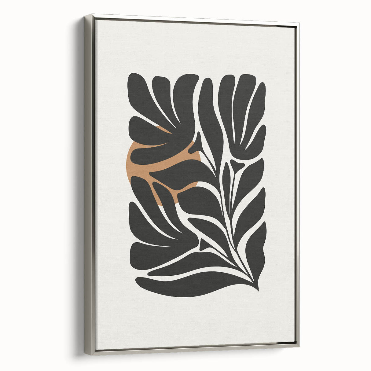 Framed abstract minimalist wall art featuring a silver frame and a contemporary design, showcased from a side view, ideal for modern home decor.