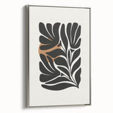 Framed abstract minimalist wall art featuring a silver frame and a contemporary design, showcased from a side view, ideal for modern home decor.