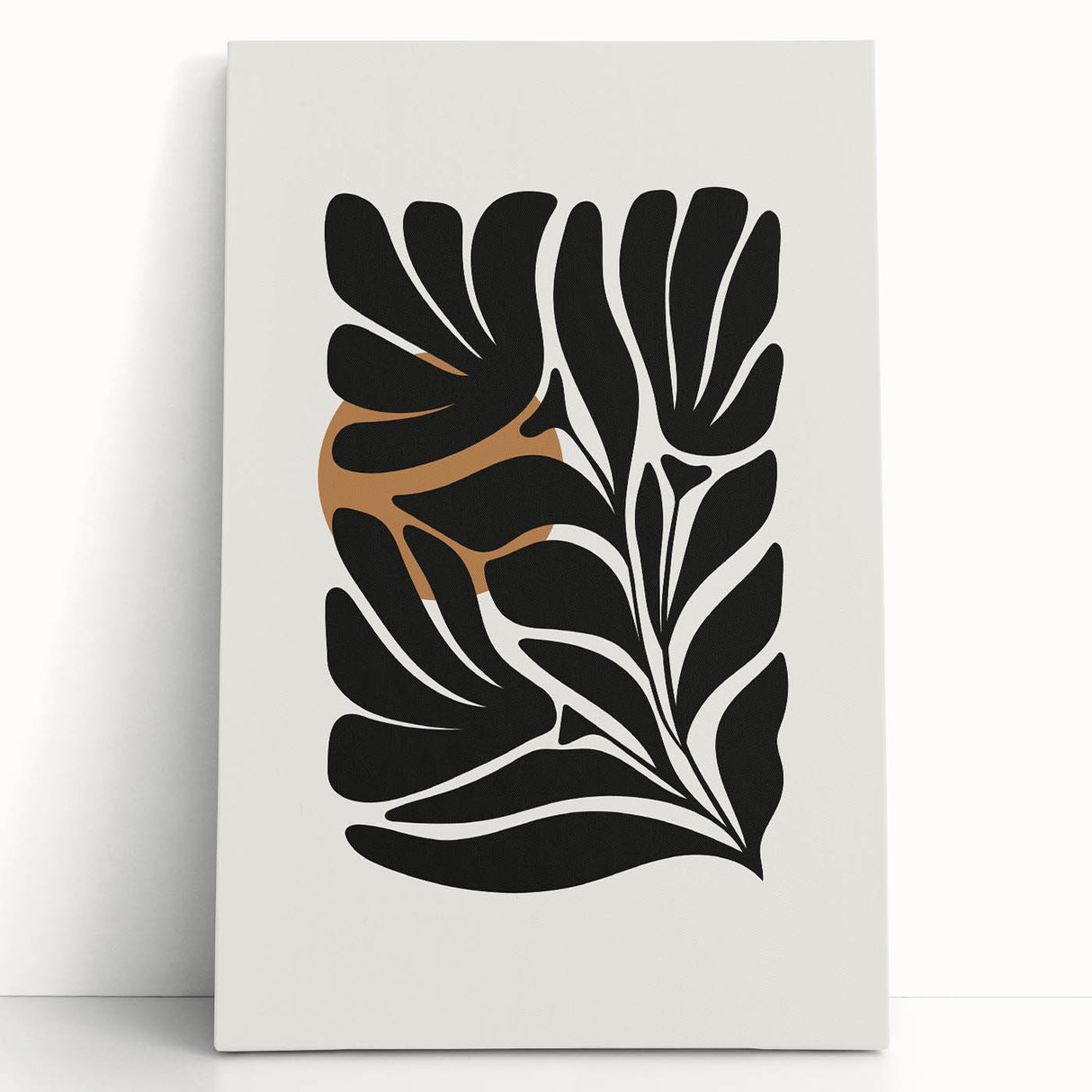 Abstract minimalist wall art design featuring soft beige and muted gray tones on stretched canvas, leaning against a white wall in a modern interior setting. This artwork adds a contemporary touch to any decor, perfect for living rooms or offices.
