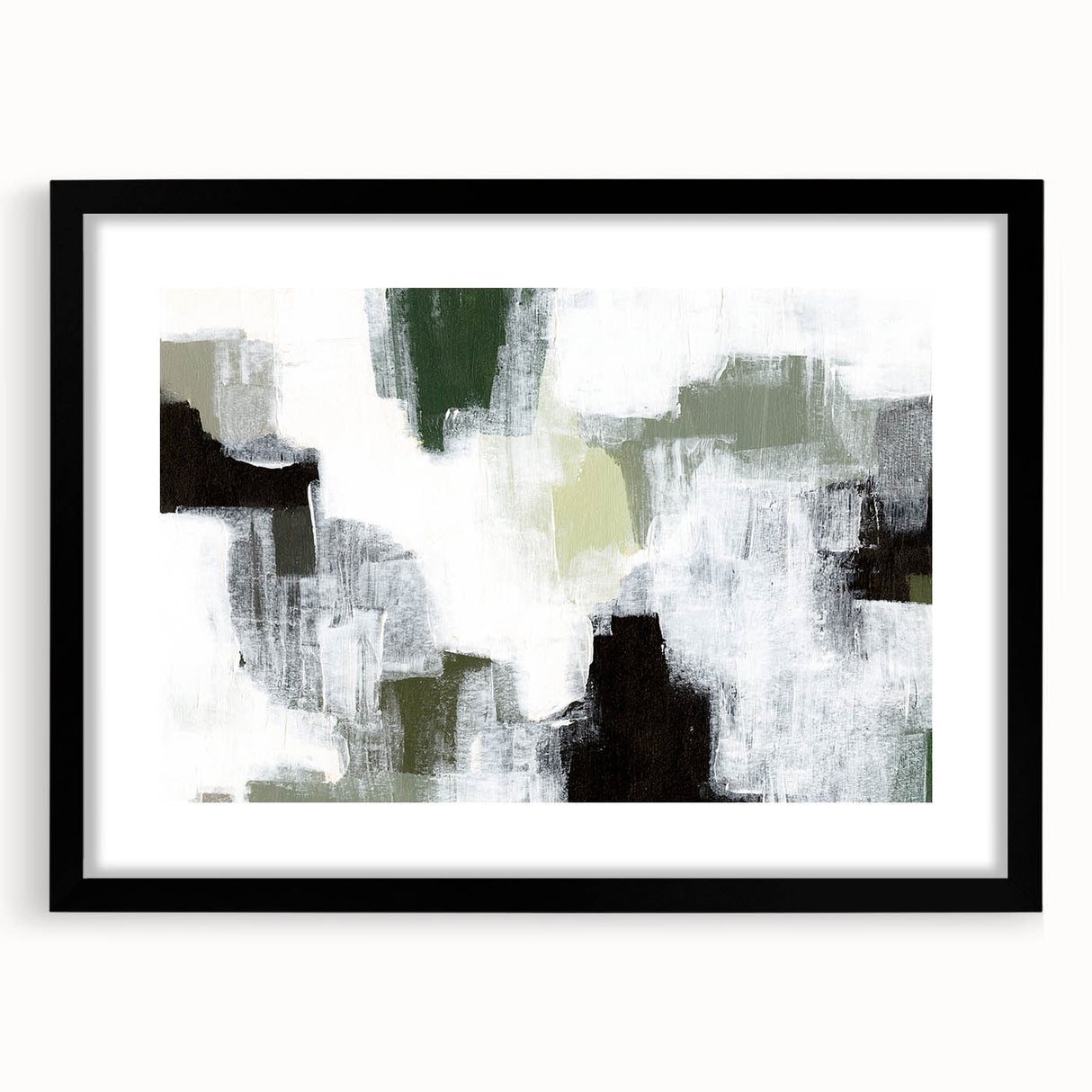 Abstract minimalist wall art featuring a black frame and mat, showcasing a modern design. Perfect for contemporary home decor or office spaces.