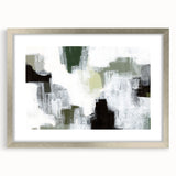 Abstract minimalist wall art framed in silver with a mat, showcasing soft neutral colors and geometric patterns, perfect for modern home decor accents.