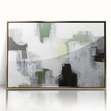 Framed abstract minimalist wall art featuring a gold-accented design on a white background, perfect for modern home decor. Ideal for stylish interior settings.