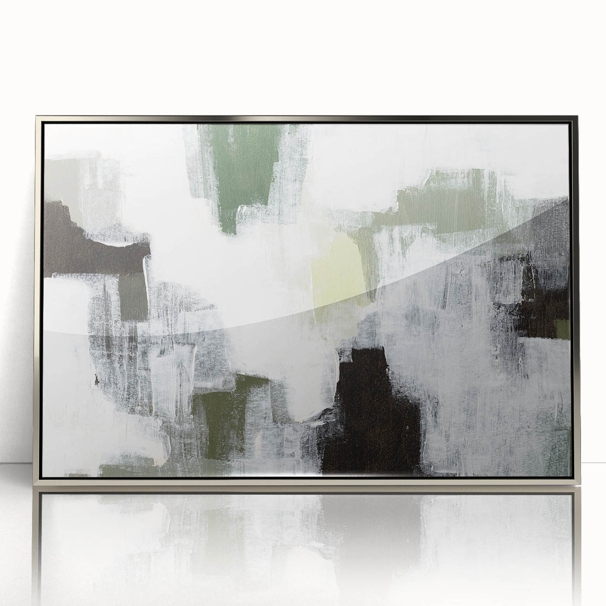 Framed acrylic wall art showcasing an abstract minimalist design in shades of silver, featuring a contemporary style perfect for modern decor.