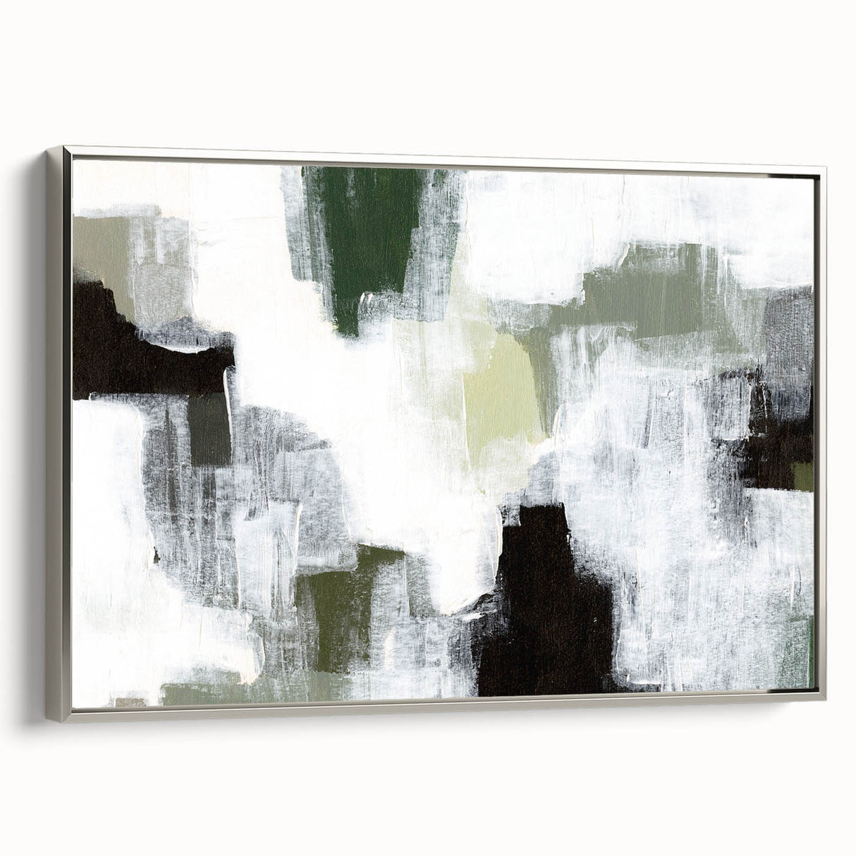 Framed abstract minimalist wall art design showcasing elegant silver tones, perfect for modern home decor, displayed in a chic side view.