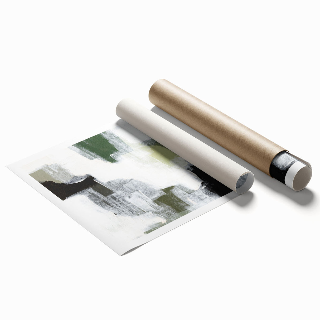 Abstract minimalist wall art print showcasing a blend of soft pastel colors and geometric shapes, rolled and ready for display in a stylish living space.
