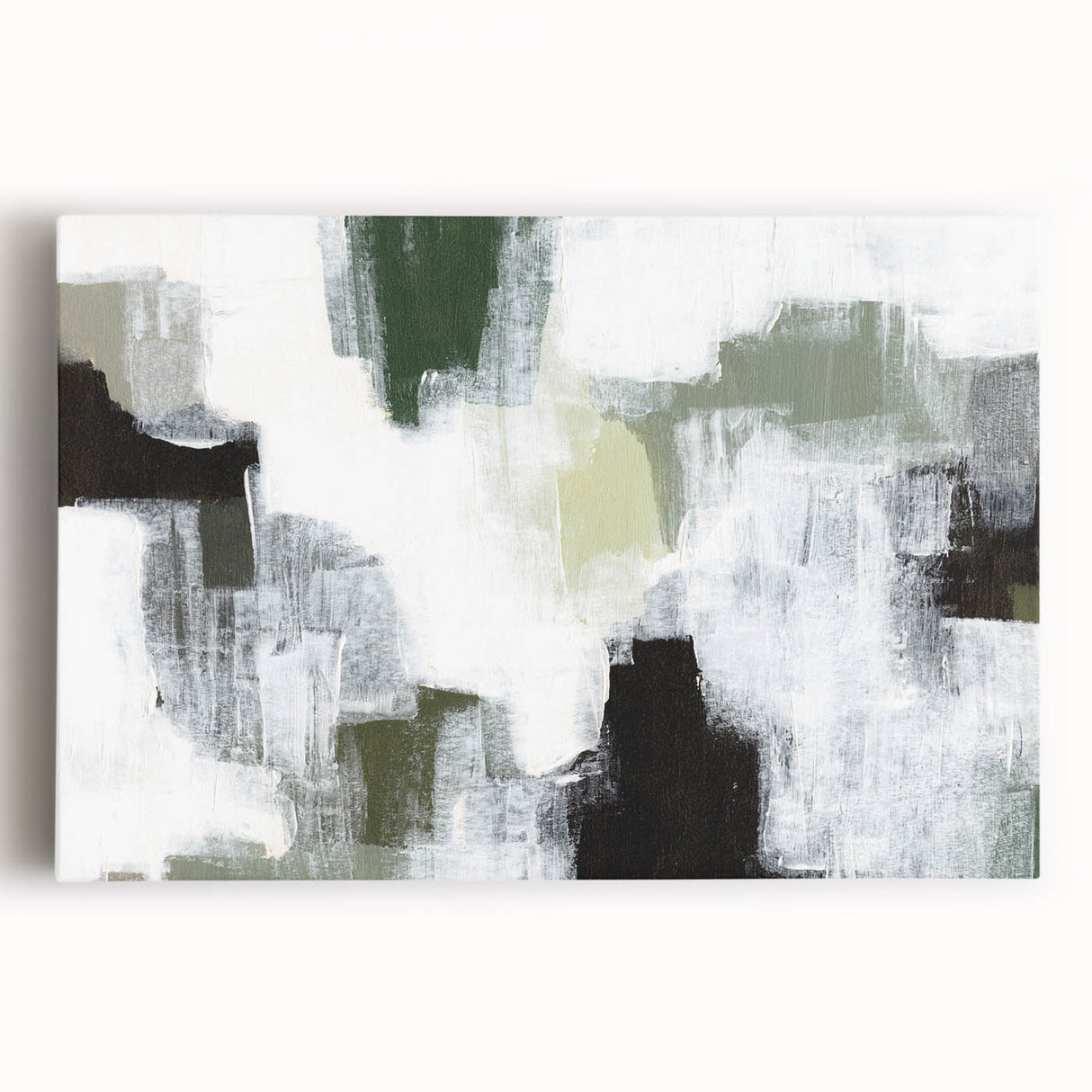 Abstract minimalist wall art on stretched canvas showcasing soft earth tones and geometric shapes, ideal for modern home decor or office spaces.