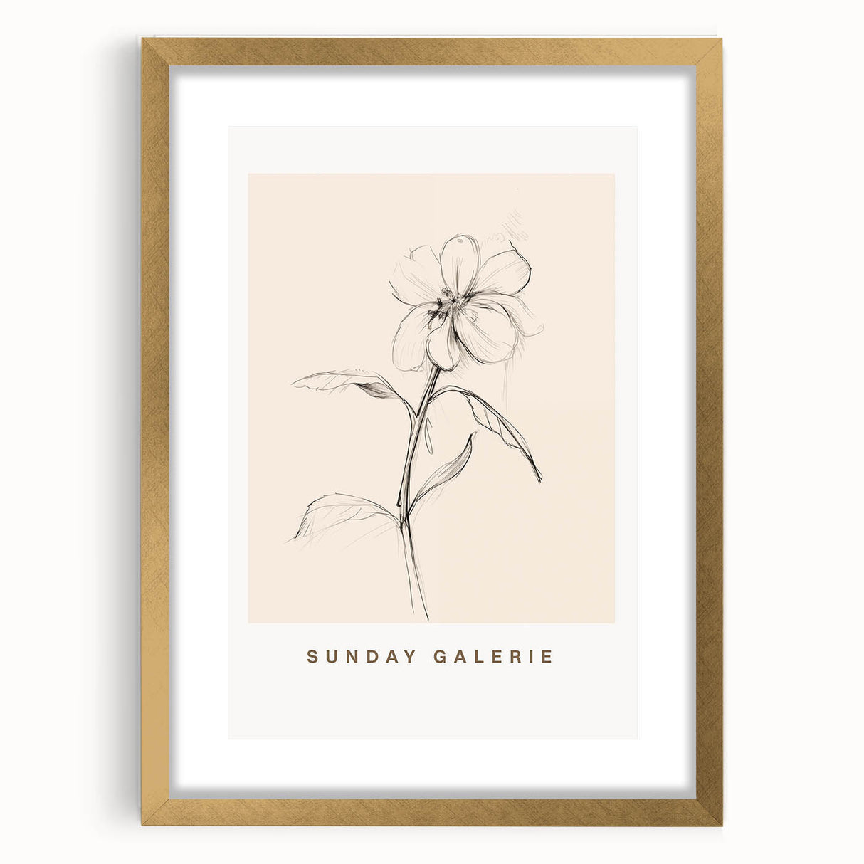 Abstract minimalist wall art collection framed with a gold mat, showcasing geometric shapes and a stylish design in a modern interior setting.