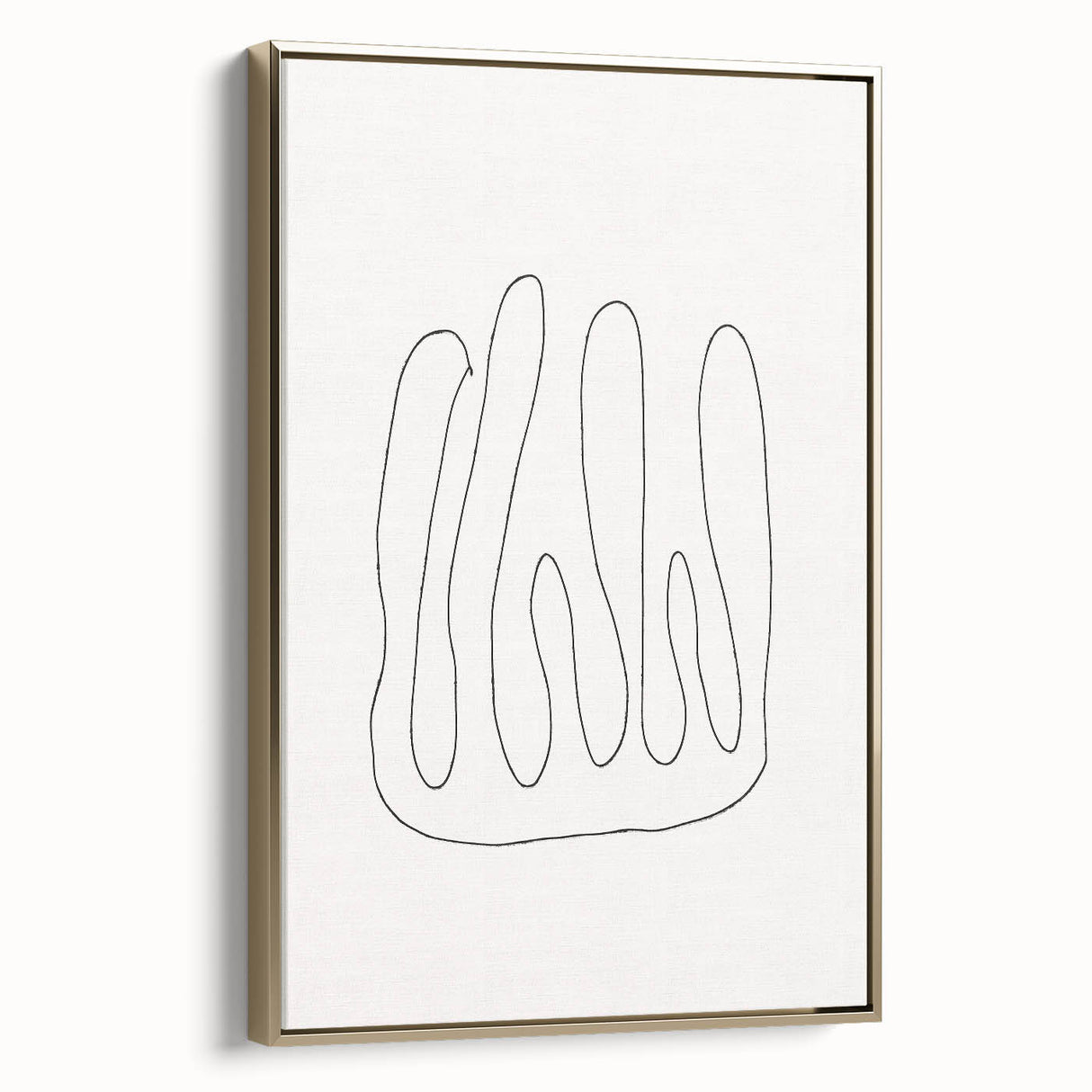 Framed minimalist wall art featuring an abstract design with gold accents, displayed at an angle to showcase depth and texture.