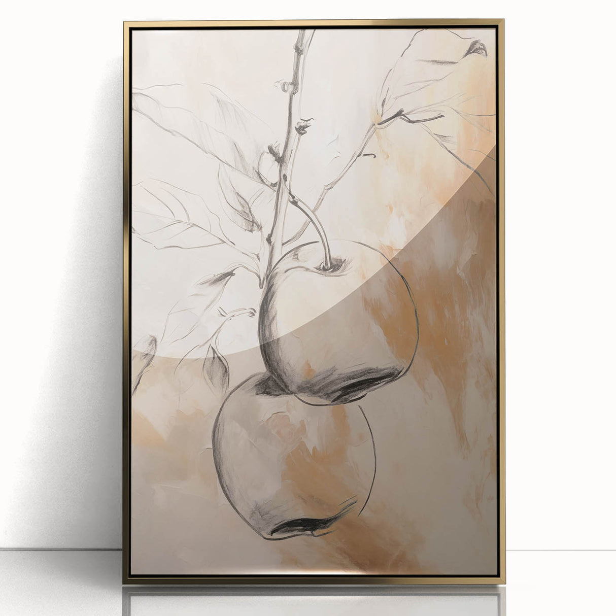 Framed abstract minimalist wall art design with bold gold accents, showcasing modern elegance in a stylish living room setting.