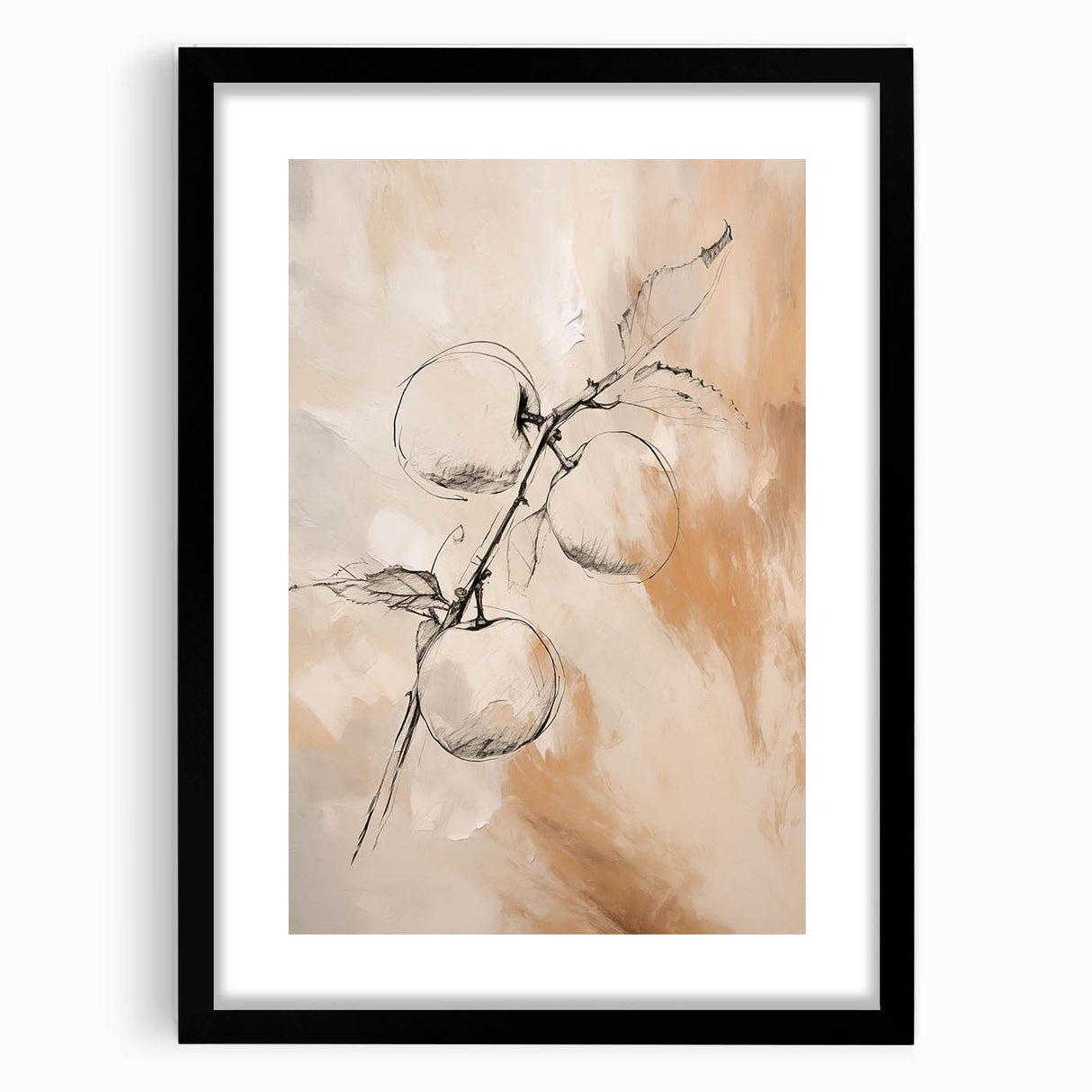 Minimalist wall art featuring an abstract design in muted tones, framed with a sleek black mat, ideal for modern home decor.