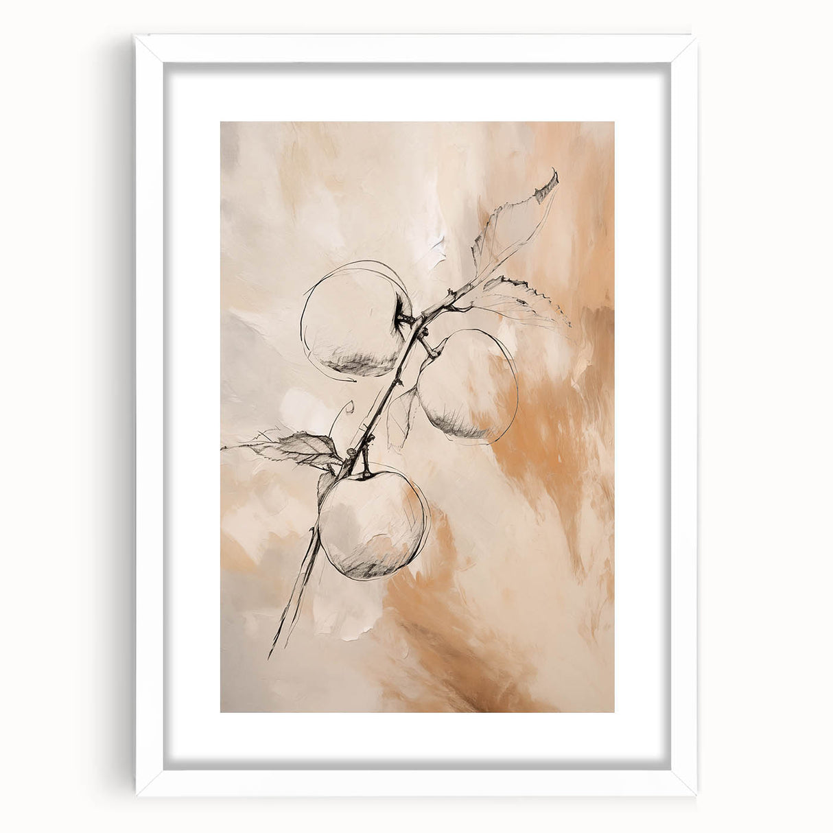 Abstract minimalist wall art collection displayed in a sleek white frame with a mat, showcasing geometric shapes in muted tones, perfect for modern decor.