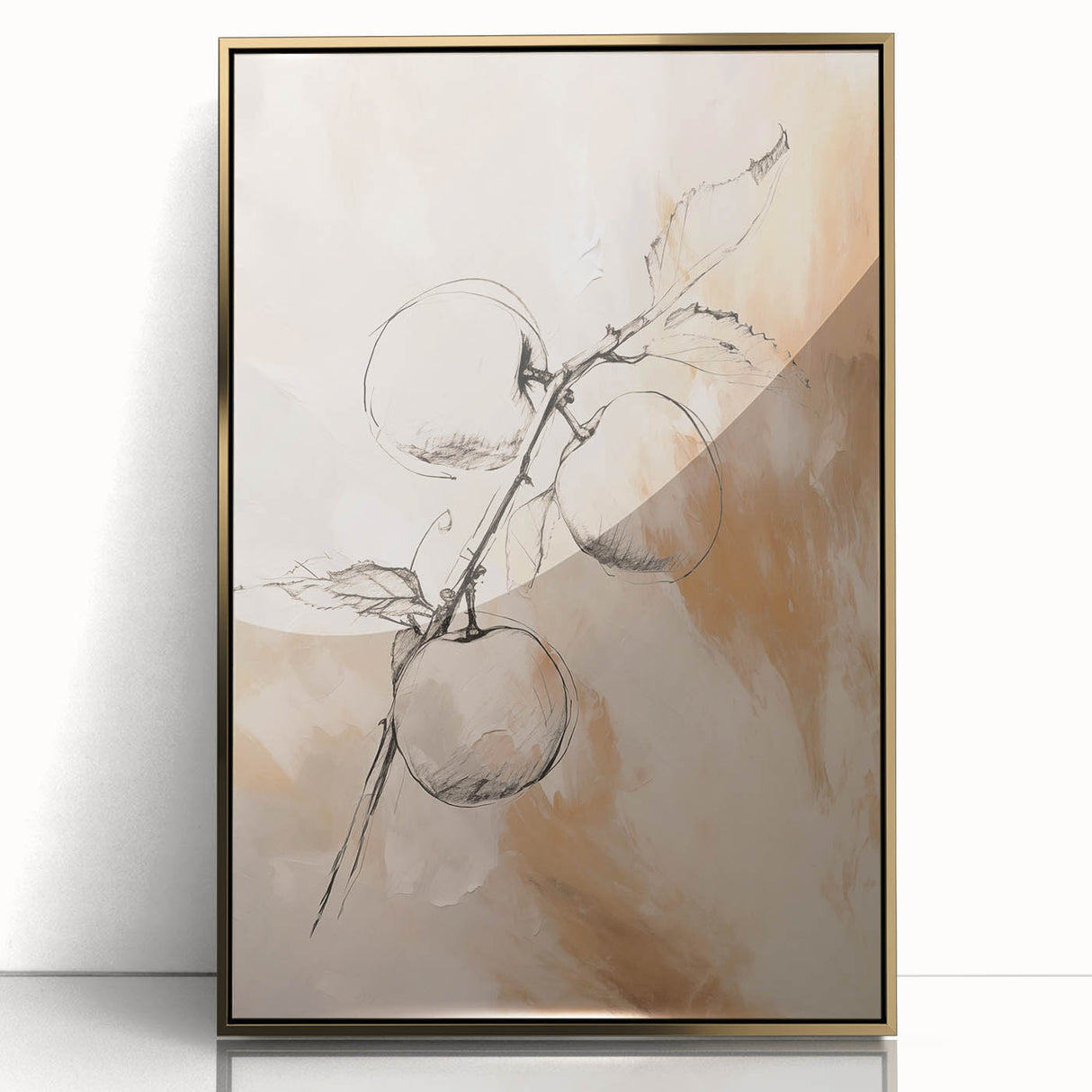 Framed abstract minimalist wall art design featuring a gold-acrylic finish, showcasing elegant shapes and lines against a sleek backdrop.